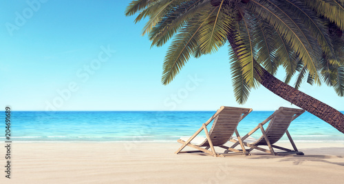 Canvas Print Two chairs on the beach under palm tree summer background 3D Rendering