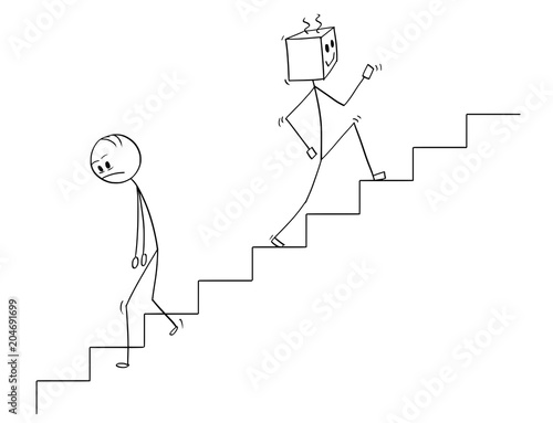 Cartoon stick man drawing conceptual illustration of human going down the stairs and robot moving up quickly. Concept of artificial intelligence or ai superiority and replacing declining mankind.