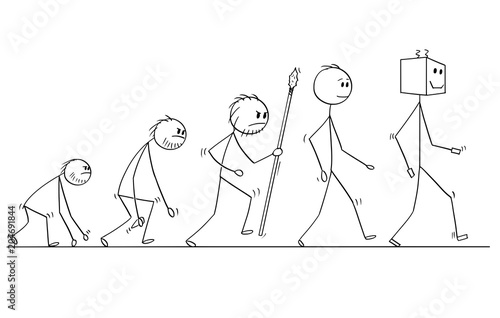 Cartoon stick man drawing conceptual illustration of human evolution process progress. Modern human successor is artificial intelligence robot or ai.