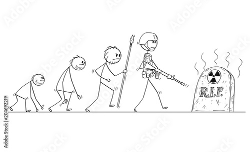Cartoon stick man drawing conceptual illustration of human evolution process progress. Modern human with no successor because of nuclear war.