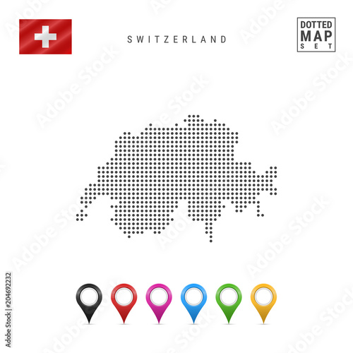 Vector Dotted Map of Switzerland. Simple Silhouette of Switzerland. Flag of Switzerland. Set of Multicolored Map Markers