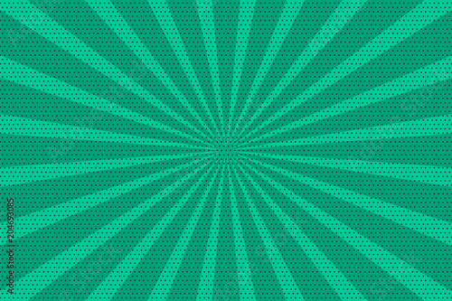 Pop art vintage radial line background. Halftone comic book backdrop green old poster. Colored cartoon vector illustration. Retro design template. Graphic texture grunge poster.