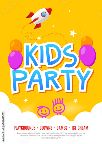 Kids fun party celebration flyer design template. Child event banner decoration. Birthday invitation poster background