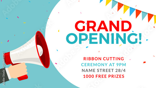 Grand opening flyer banner template. Marketing business concept with megaphone. Grand Opening advertising photo