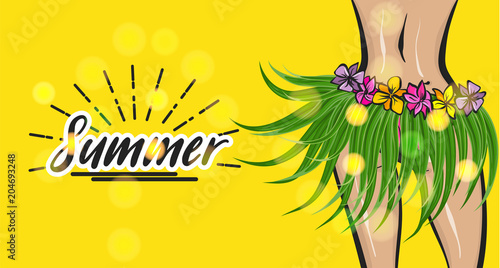 Hawaii woman pop art style retro poster. Hello summer vacation tropical banner. Comic text halftone vector. Wow female body booty in bikini. Hibiscus flover hula dancer. Palm tree leaf.