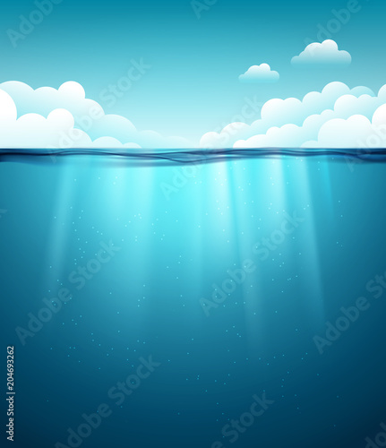 Underwater ocean surface. Blue water background. Clean nature sea underwater backdrop with sky