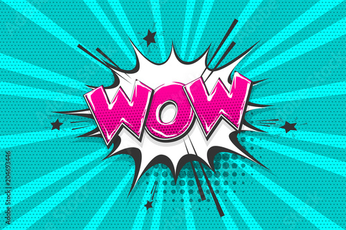 Wow, boom, bang, comic text speech bubble. Colored pop art style sound effect. Halftone vector illustration banner. Vintage comics book poster. Colored funny cloud font.