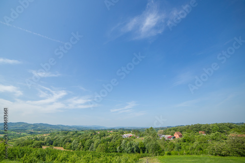 Landscape rear populated village surrounded with thick forest on sunny day. © Zoran