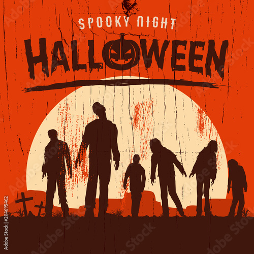 Halloween poster, Silhouette of zombies walking at graveyard, Vector Illustration