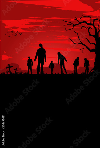 Halloween poster, Silhouette of zombies walking at graveyard, Vector Illustration