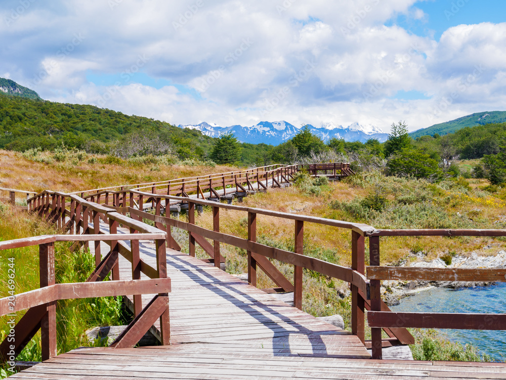 Boardwalk Arias port in Lapataia Bay in Terra del Fuego National Park, Patagonia, Argentina Boardwalk Arias port in Lapataia Bay in Terra del Fuego National Park, Patagonia, Argentina
