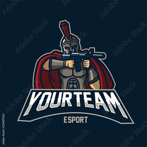 spartan holding and aiming riffle esport gaming mascot logo template