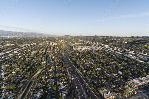 Aerial view of Ventura 101 Freeway near Van Nuys Blvd in the San Fernando Valley area of Los Angeles, California.