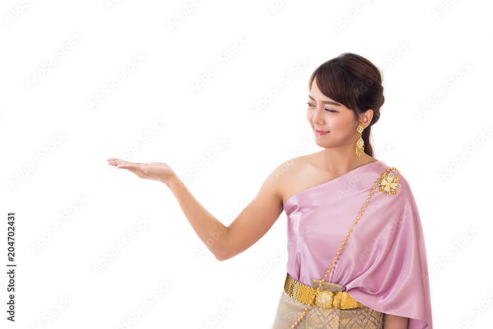 Women stand wearing traditional cloth Thailand or Thai dress welcome isolate on white background. Copy space Women stand wearing traditional cloth Thailand or Thai dress welcome isolate on white background. Copy space