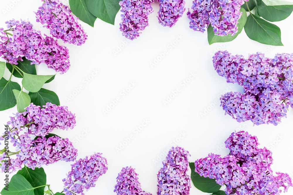 Fototapeta Floral frame composition with lilac flowers and leaves on white background. Flat lay, top view. Flower pattern