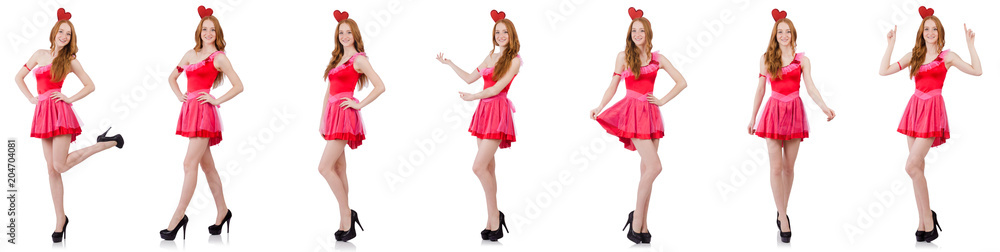 Pretty young model in mini pink dress isolated on white Pretty young model in mini pink dress isolated on white