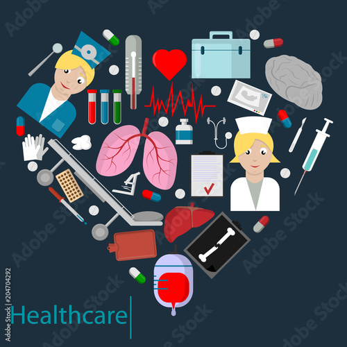 flat set of elements for health care theme design in heart shape