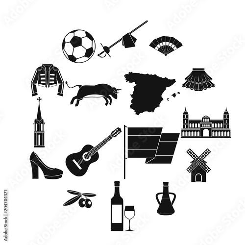 Spain travel icons set, simple style