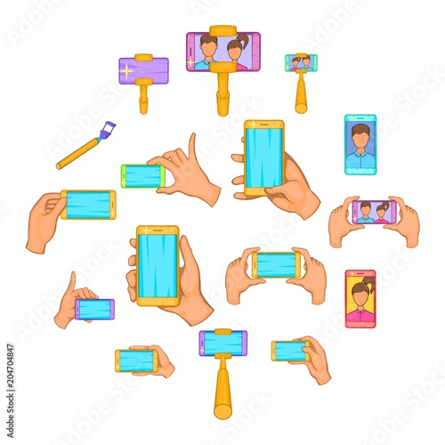Selfie icons set, cartoon style