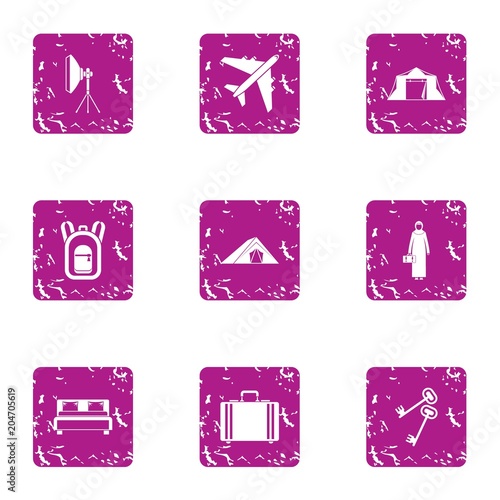 Business tourism icons set, grunge style