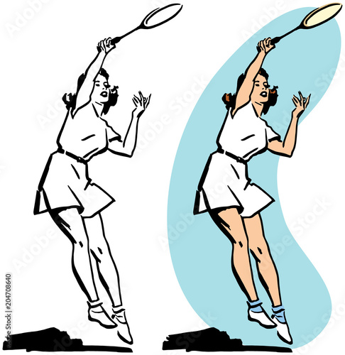A woman playing tennis serving the ball. 