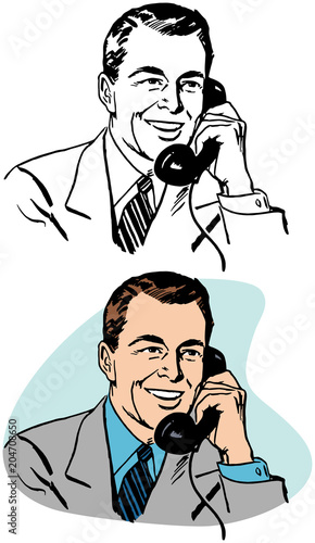 A smiling businessman talking on a vintage telephone.