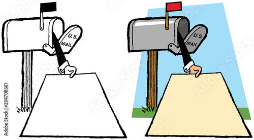 A hand coming out of a mailbox delivering a letter. 