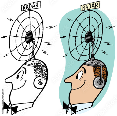 A man wearing a radar dish on his head. 