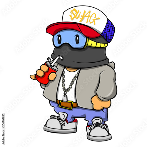 Swag Boy using mask for undercover duty and consumption sof drink cartoon vector