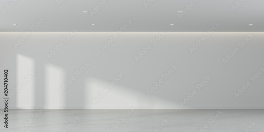 3D rendering of white room space with interior lighting and sun light cast the window shadow on the wall and floor,Perspective of minimal design architecture	