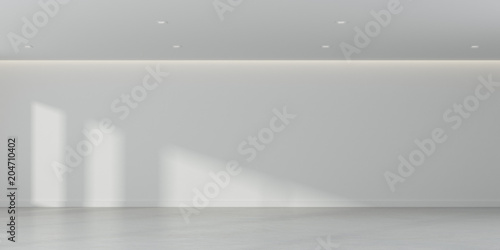 3D rendering of white room space with interior lighting and sun light cast the window shadow on the wall and floor,Perspective of minimal design architecture 