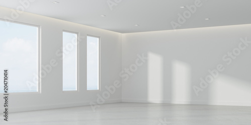 3D rendering of white room space with interior lighting and sun light cast the window shadow on the wall and floor,Perspective of minimal design architecture 