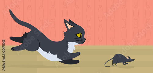 Mouse running from cat