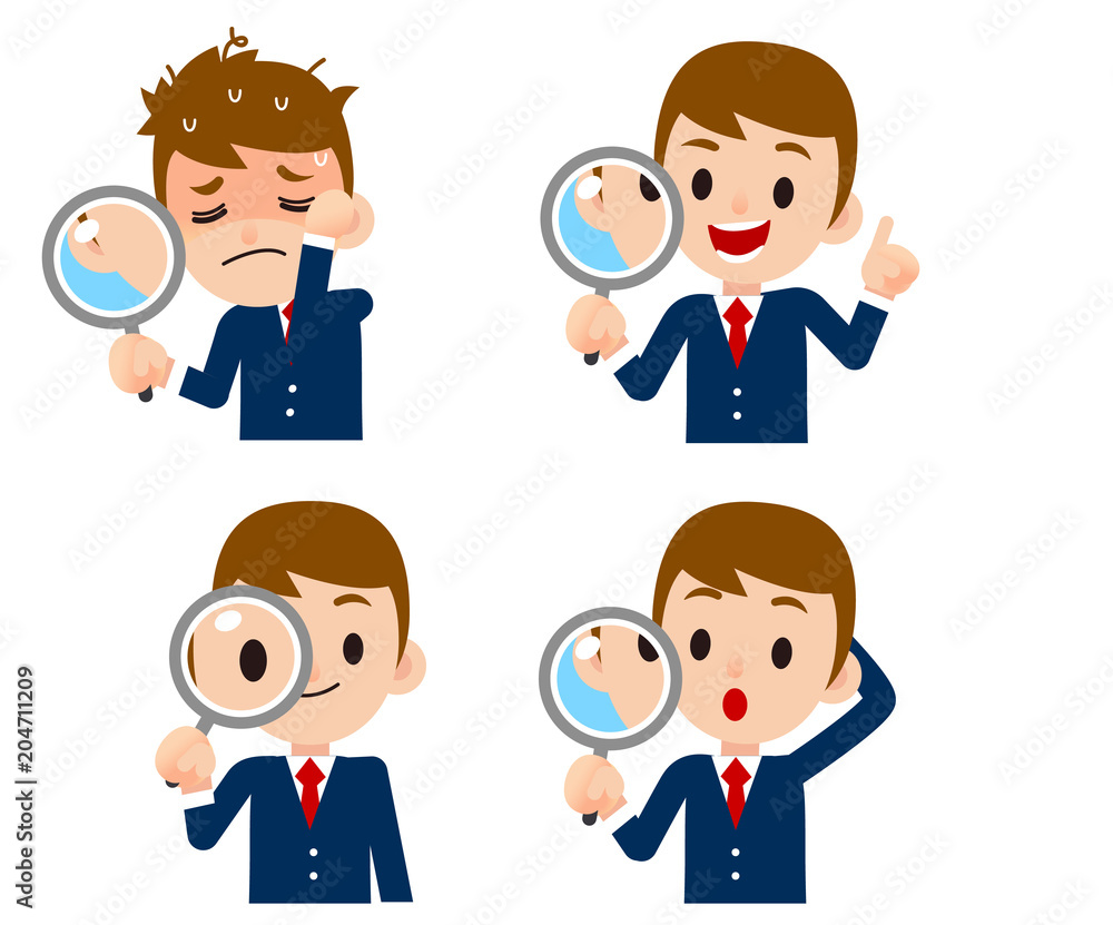 Vector businessman character holding magnify glass in different actions