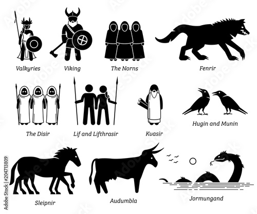 Ancient Norse Mythology People, Monsters and Creatures Characters Icon Set