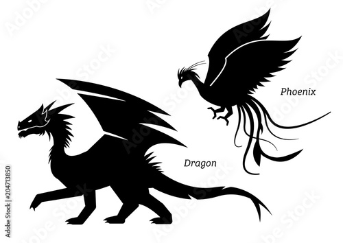 Dragon and phoenix side view pictogram.