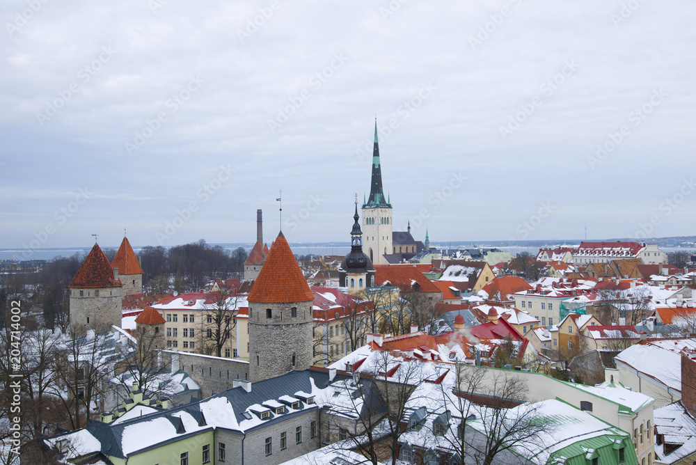 The landscape of the old Tallinn in the March cloudy day. Estonia