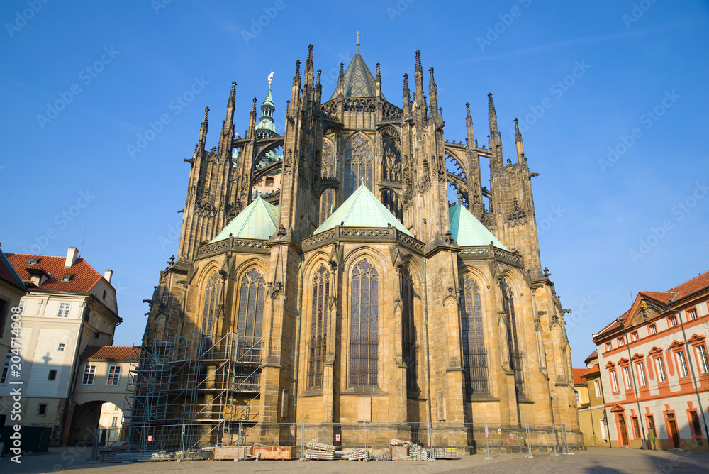 St. Vitus Cathedral close-up on a Sunny day. Prague, Czech Republic
