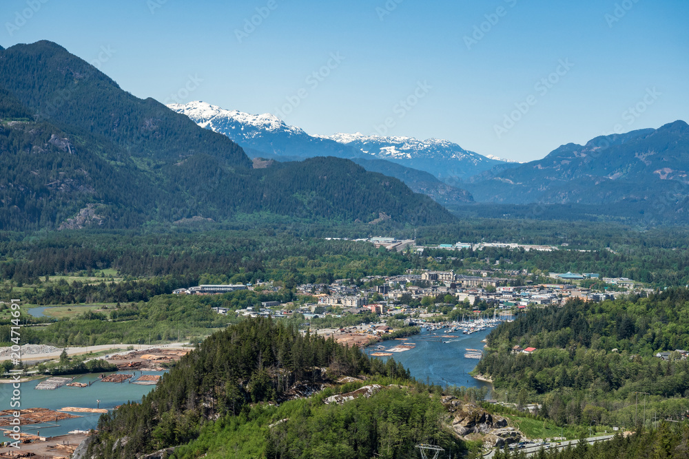 Squamish village view from the mountain top in a sunny day