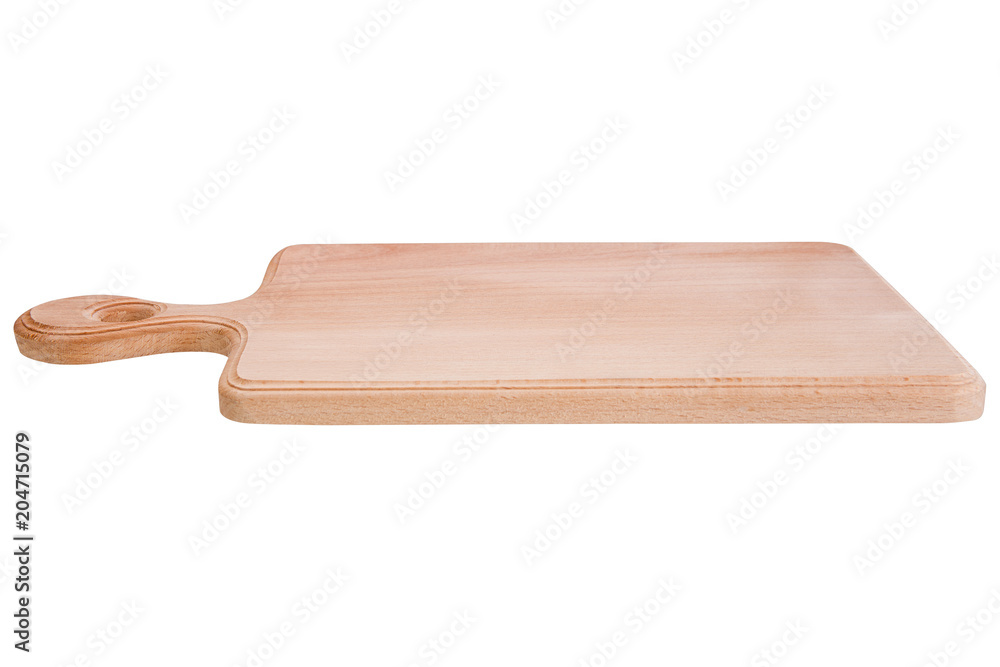chopping board made of beech wood, new empty board with handle, side view chopping board made of beech wood, new empty board with handle, side view