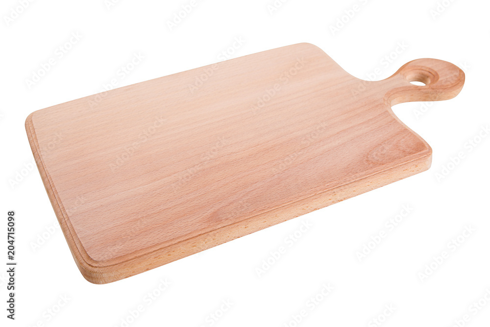 chopping board made of beech wood, new empty board with handle, side view chopping board made of beech wood, new empty board with handle, side view