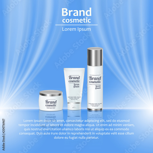 3D realistic cosmetic bottle ads template. Cosmetic brand advertising concept design with wavy light abstract background