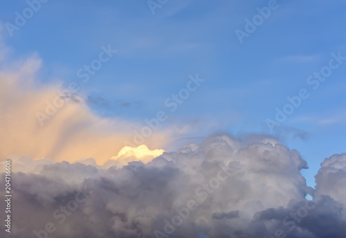 Cumulus clouds in the evening sunset sky.