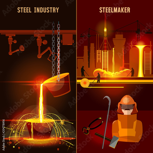 Steel industry set. Metallurgy process. Hot steel pouring in steel plant. Smelting of metal in big foundry. Iron and factory workshop