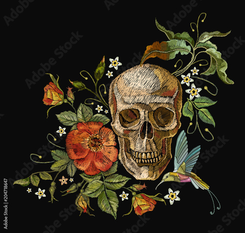 Embroidery skull and roses, humming bird and flowers. Dia de muertos art, day of the dead. Gothic embroidery human skulls and red roses, clothes template and t-shirt design