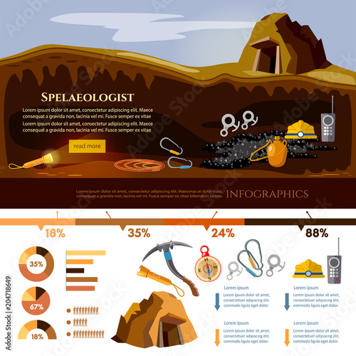 Study of underground caves vector illustration. Speleology spelunker infographic elements