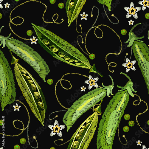 Classical embroidery vegetables pods of green peas art fashion pattern. Embroidery green peas seamless pattern. Template for clothes, t-shirt design