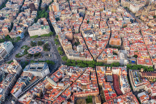 Barcelona aerial top view, Placa de Catalunya and famous La Rambla street, Spain. Late afternoon light photo