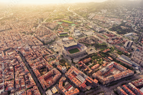 Aerial view of Barcelona Camp Nou stadium at sunset, Spain