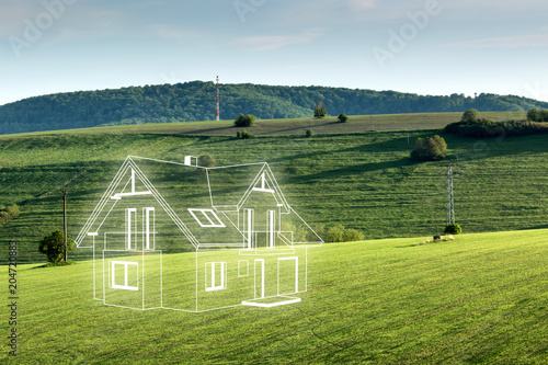House project on the meadow. Concept of dreams about a new home. Contours of the house in 3d on a meadow.